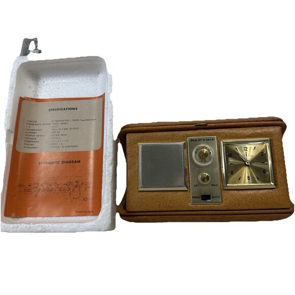 Vintage Portable Traveling Radio Transistor Alarm Clock with Cognac Leather Case - Picture 2 of 16